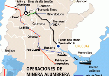 Mapa de las rutas de los insumos y el transporte de minerales de Minera Alumbrera