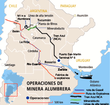 Mapa de las rutas de los insumos y el transporte de minerales de Minera Alumbrera