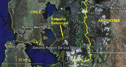 Vista satelital del estuario de Reloncaví (Google Earth)