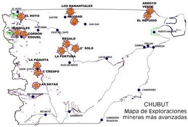 Mapa de Chubut con la exploraciones mineras más avanzadas