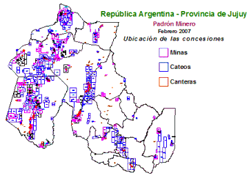 Mapa del catastro minero de Jujuy (2007): el 24% del territorio consecionado a las mineras