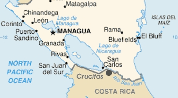 Mapa de la zona limítrofe entre Nicaragua y Costa Rica, con el yamiento de oro Crucitas