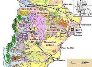 Mapa de ubicación de Manantial Espejo y otros yacimientos y minas en Sta. Cruz
