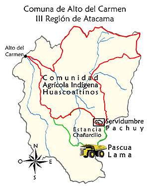 Ubicación de la comunidad Huascoaltina y proyecto Pascua Lama