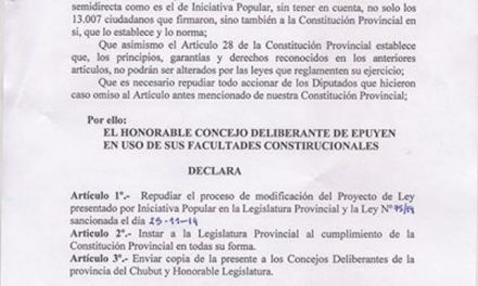 El Concejo Deliberante de Epuyen repudia la ley sancionada por la Legislatura