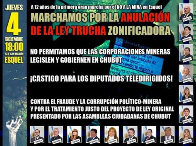 Mañana 4 habrá movilizaciones simultáneas en todo Chubut por la anulación de la ley dictada por las mineras
