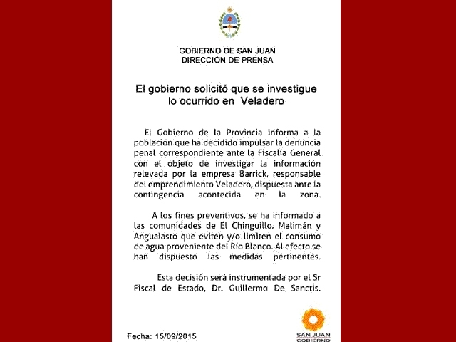 Gobierno de San Juan pide a tres localidades que no consuman agua por el derrame de cianuro en Veladero